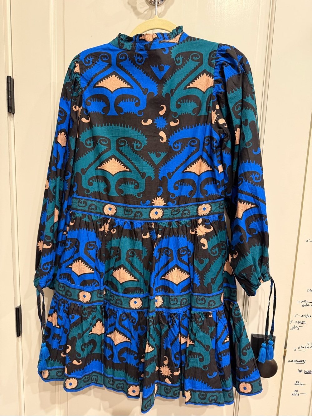 Oliphant Blue Teal Black Long Sleeve Printed Tiered Dress